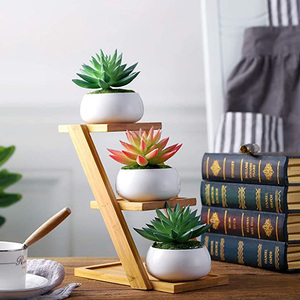 Macetas para suculentas con platillos de bambú de 3 niveles, soporte de soporte blanco para plantas suculentas, <span class=keywords><strong>maceta</strong></span> de cerámica decorativa oblato - Product Image 4