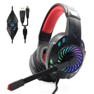 Over-ear Stereo Gaming Headphones USB+Type-C Voice Changer Gamer Headsets 7.1RGB Glowing Earphones With Microphone for PC Laptop