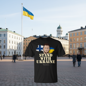 T-shirt Premium 'Stand with Ukraine' con Volodymyr Zelenskyy dalla Finlandia - Categoria Prodotti Promozionali - Product Image 3