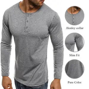 Tùy Chỉnh 100% Bông Dài Tay Áo Đồng Bằng Henley Cổ Áo Với 3 Nút Mens T Áo Sơ Mi