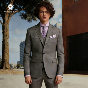 Traje de boda de tres piezas para hombre, con <span class=keywords><strong>chaleco</strong></span>, de lana, con ribete a cuadros, de un solo botón, formal, profesional, para <span class=keywords><strong>novio</strong></span> - Product Image 2