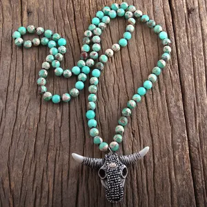 Fashion Bohemian Tribal Jewelry Long Knotted Stones With Bull Head Charm Pendant Handmade Necklace Women Jewelry