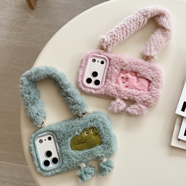 Cute Dinosaur Pig Phone Case for IPhone 17 Pro Max 16 15 14 13 12 Plush Cartoon Cotton Fabric Silicone Cover With Hand Strap