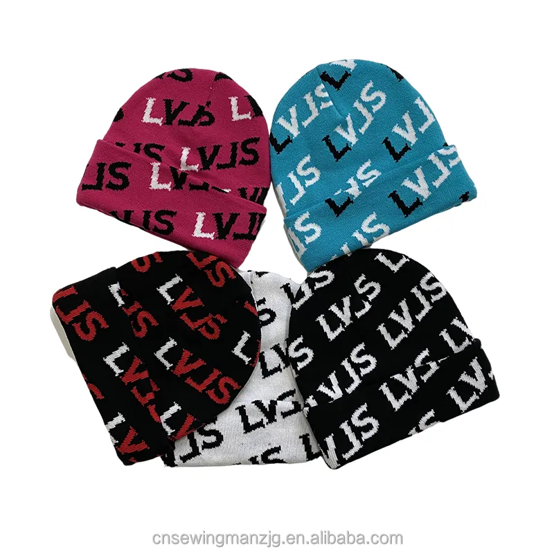 2022 Words All Over Intarsia Print Jacquard Woven Knit Winter Cuff Beanie Hats with Custom Logo