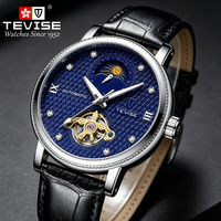 Montre mécanique automatique de luxe TEVISE avec tourbillon, bracelet en cuir, étanche 3BAR