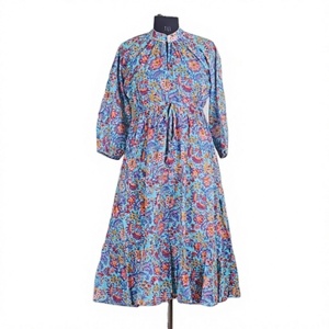 Floral Print Cotton Midi Dress with Puff Sleeves Mandarin Collar A-Line Loose Fit Casual Summer Dress Breathable Woven Fabric - Product Image 1