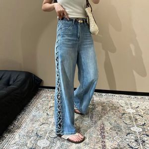 Jean tissé ajouré Design Sense 2026 pour femme, taille haute, coupe ample, jambe large, longueur au sol - Product Image 1