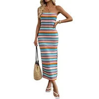 Robe sans bretelles brodée à rayures, style vacances à la plage, disponible en bleu, vente en gros avec faible MOQ