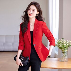 Red Women's Blazer Single <b>Button</b> Solid Color Polyester Anti-Wrinkle Long Sleeve Professional Casual Wear - Product Image 1