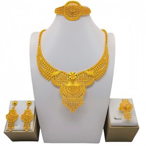 Ethnic Gold Plated Jewelry Set Necklace Earrings Ring Bracelet <b>Wedding</b> Women's 22k Plated Floral Design Party Bridal <b>Accessories</b> - Product Image 3