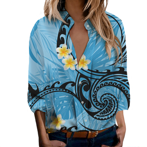 Neu angekommene polynesische samoa nische Stammes-Design benutzer definierte lässige Frauen hemden V-Ausschnitt Button-up-Shirt - Product Image 3
