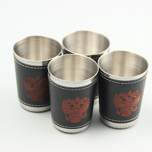 Stainless Steel Cup Set 101-200ml Black Leather Coated Double Wall Portable <b>Drinkware</b> For Wine Beer - Product Image 1