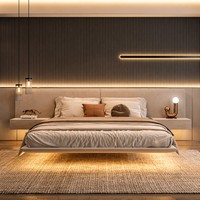 Modernes Samtbett mit LED-Lichtleiste, niedrigem Kopfteil, Plattformbett, Hotel- und Apartment-Schlafzimmermöbel