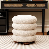 OEM Pouf empilable en tissu Teddy crème, avec pieds en bois massif, assise ronde rembourrée et douce, pour coiffeuse et salon