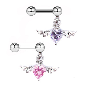 Boucles d'oreilles clous en titane avec zircon rose, motif cœur et aile, chaîne, bijoux de piercing en acier inoxydable, pour soirée et mode - Product Image 5