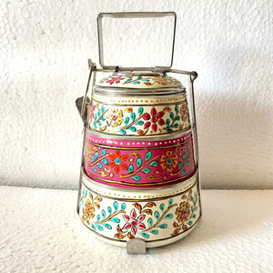 Lonchera Tradicional China de Tres Niveles, Hecha a Mano, de Acero Inoxidable, Diseño Floral Azul, 3 Compartimentos, Material de Grado Alimenticio - Product Image 1