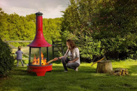 Brasero extérieur en acier pour bois avec finition émaillée rouge et grille de cuisson pivotante pour jardin et cour arrière