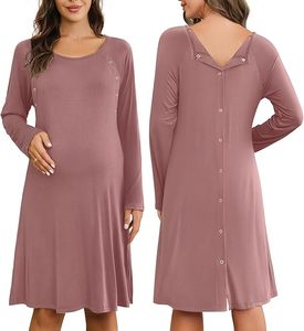 Camisón de Maternidad para Mujer, Vestido de <span class=keywords><strong>Lactancia</strong></span> para Hospital, Vestido de Parto, Pijama de Manga Larga con Botones - Product Image 4