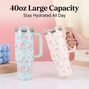 Vaso Térmico de Acero Inoxidable con Diseño Floral y Asa, Taza de Viaje con Aislamiento al Vacío y Tapa para Café y Bebidas Frías - Product Image 4