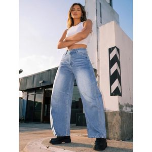 Jeans Holgados y Sencillos para Mujer, de Pierna Ancha, Cintura Alta, con Dobladillo Curvo y Bolsillos Inclinados, 100% Algodón, Lavables - Product Image 5