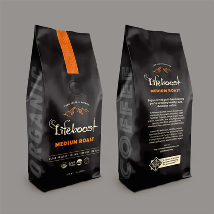 Impresso personalizado private label 100g 250g 500g 1kg resealable folha de alumínio preto grãos de café fundo plano saco de embalagem com válvula