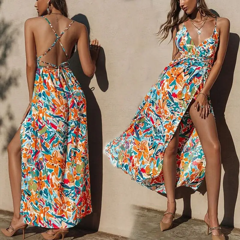 Verão de Alta Qualidade Senhoras Casual Solto Deslizamento V Neck Dress Mulheres imprimir floral praia boho dress