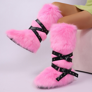 Bottes d'hiver chaudes et fourrées pour femme, grande taille 44, à semelle épaisse, avec lanières croisées, fourrure, hauteur genou, bout rond - Product Image 5