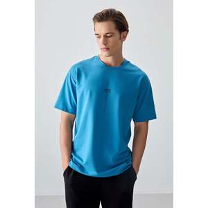 T-shirt pour homme en coton bleu pétrole, épais, doux, texturé, coupe ample, imprimé - 88373 - Bleu pétrole - Product Image 2
