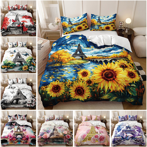 ชุดเครื่องนอนพิมพ์ดิจิตอลสไตล์แวนโก๊ะ-ดีไซน์ดอกทานตะวันและหอไอเฟล, ผ้าโพลีเอสเตอร์, ปลอกผ้านวม1ผืน + ปลอกหมอน1/2ใบ - Product Image 2