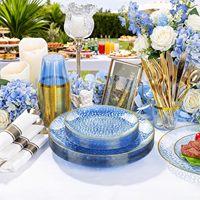 100 Assiettes jetables en plastique écologiques bleues à bord doré, motif martelé, 50 assiettes à dessert, 50 assiettes à dîner, pour fêtes