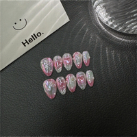 Lot de 10 faux ongles Aurora sirène courts en amande, faits à la main, à presser, réutilisables, de luxe, avec fleurs 3D, pour les vacances d'été
