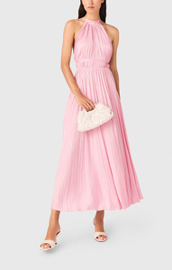 Robe longue plissée en satin pour femmes, col halter, taille smockée avec ceinture à nouer, robe de soirée d'été pour femmes - Product Image 5