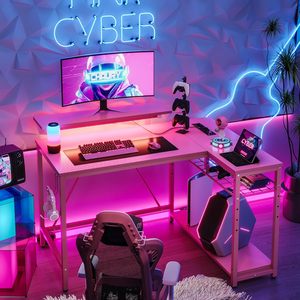 Reversible <strong>Storage</strong> Shelves Workstation <strong>Desk</strong> <strong>Small</strong> Corner Gaming Computer <strong>Desks</strong> Office Bedroom Pink Carbon Fiber L Shaped <strong>Desk</strong> - Product Image 4