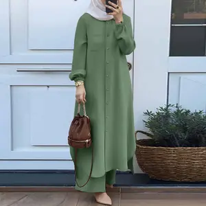 Arabische Moslim Vrouwen Casual Paddenstoel Met Lange Mouwen Jurk 2 Stuk Jurk Rok Broek Set Nieuwe Hot 2023eid