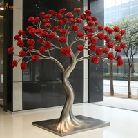 Décoration publique du hall de l'hôtel moderne Grand art abstrait Statue de fleur de rose rouge plaqué métal Sculpture d'arbre en acier inoxydable poli