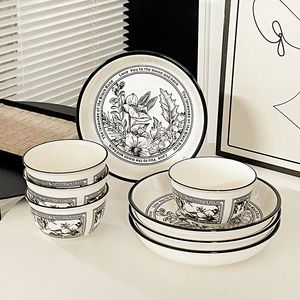High Quality Factory Sale New Fashion Floral Style Black Rim Stoneware Dinnerware <b>Sets</b> <b>Microwave</b> & Dishwasher Safe - Product Image 5