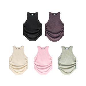 Personalizado verano 235GSM algodón spandex camisola crop top Sexy sólido Correa sin mangas lado plisado chaleco mujeres ácido lavado camisetas sin mangas - Product Image 5