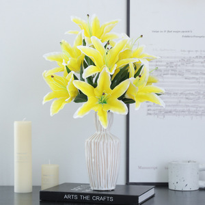 Bouquet de lys artificiels 9 têtes, fleurs en soie et plastique rose, faites à la main pour la décoration de la maison et des mariages - Product Image 4