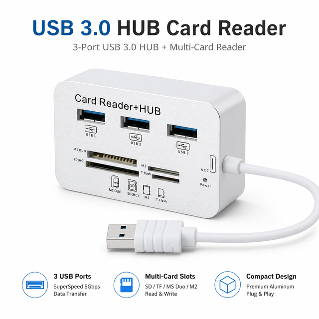 Aluminum SuperSpeed USB 3.0 Hub 3 Ports with Multi Card Reader for SD TF MS M2 High Speed 5Gbps Data Adapter for Laptop Desktop