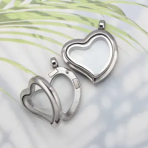 Heart Shape Floating Glass Memory Locket Pendant Stainless Steel + Glass Medallion(no charms, no chains)