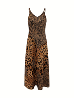 Robe longue décontractée d'été pour femme, style vintage, imprimé léopard, coupe trapèze, col en V, bretelles spaghetti, sans manches, vente en gros sur mesure