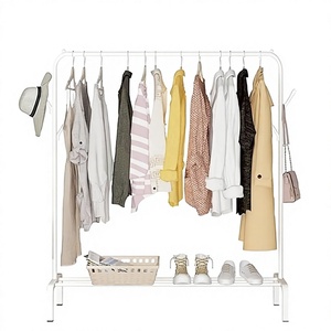 Minimalist Standing Metal Clothing Rack With <b>Shoe</b> Shelf And Basket <b>Storage</b> For <b>Wardrobe</b> Use Height Adjustable Double Tier Design - Product Image 3