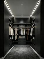 Système de dressing sur mesure en placage de bois noir mat de luxe italien avec éclairage LED linéaire intégré