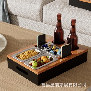 Boîte de rangement pour collations en bois massif, plateau de service multifonctionnel pour le salon, rangement pour fruits et bière - Product Image 2