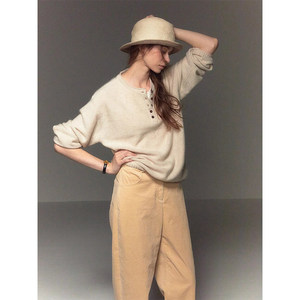 Pull en maille douce et moelleuse pour <span class=keywords><strong>femme</strong></span>, style Henley à boutons, coupe ample, effet cachemire, couleur avoine - Product Image 3