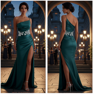 <span class=keywords><strong>Abito</strong></span> da sera <span class=keywords><strong>monospalla</strong></span> in raso <span class=keywords><strong>verde</strong></span> cacciatore con spacco frontale, modello a sirena, elegante per invitati a matrimoni - Product Image 2