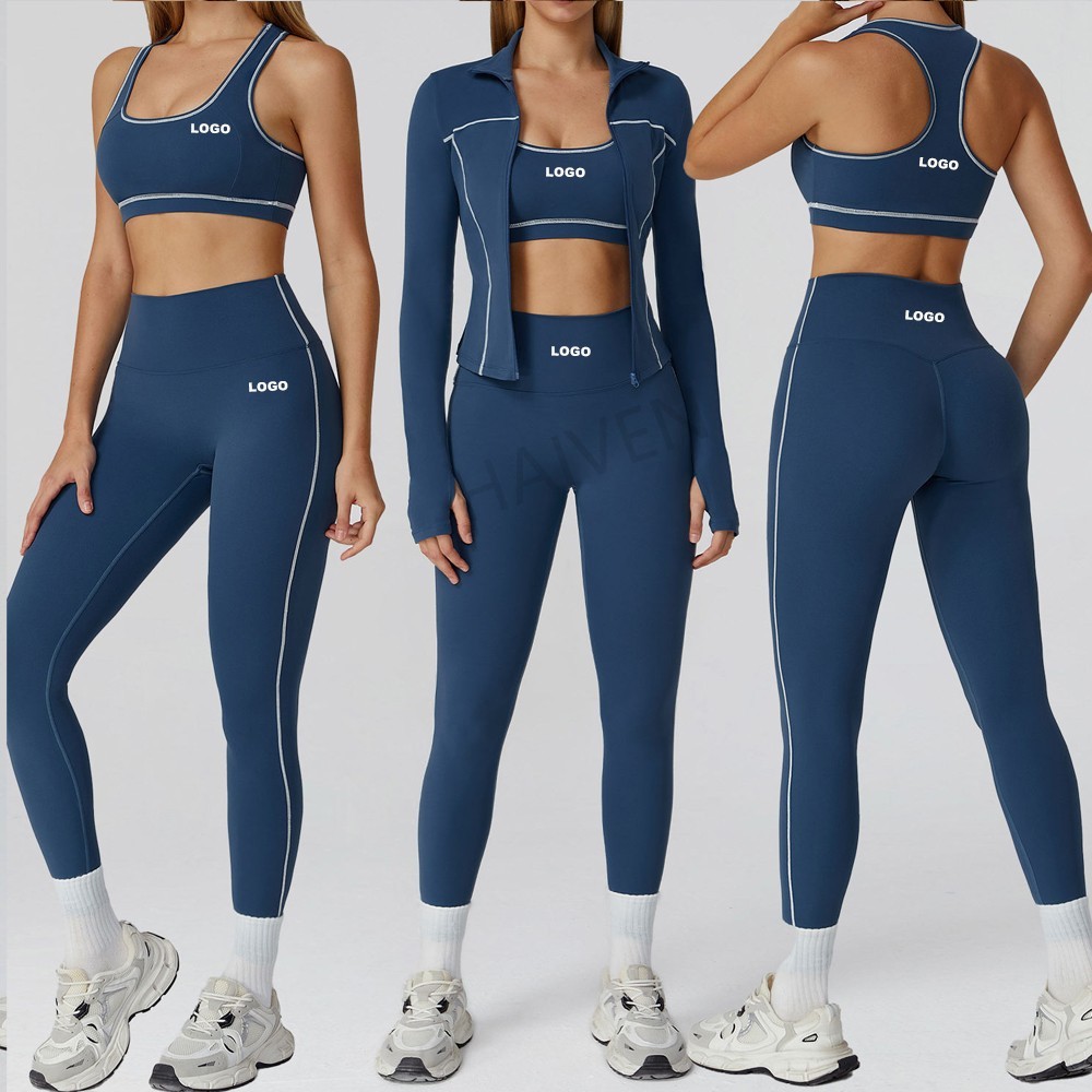 OEM Quick Drying Women 3 Pieces Yoga Bra Sports Leggings Workout Outfits Active Wear Compression Jacket Gym Fitness Set