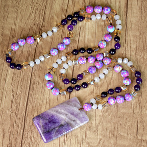 Kalung Liontin <span class=keywords><strong>Amethyst</strong></span> Persegi Model Baru Laris Manis untuk Wanita, Dilengkapi Manik-manik Berbentuk Bunga Ungu, Desain Ikat Tangan, Model Panjang - Product Image 2