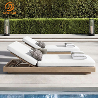 Chaise longue contemporaine en bois pour 2 personnes, base en teck, dossier réglable, lit de repos pour patio, jardin ou bord de piscine