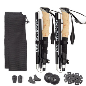 Bâtons de randonnée télescopiques pliables à cinq sections avec poignée en liège, légers, équipement de trekking extérieur avec sac de transport et accessoires - Product Image 1